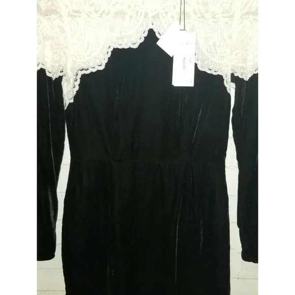 Sandro Paris Junie Long Sleeve Lace and Velvet Dress Black White 1 - Picture 4 of 6